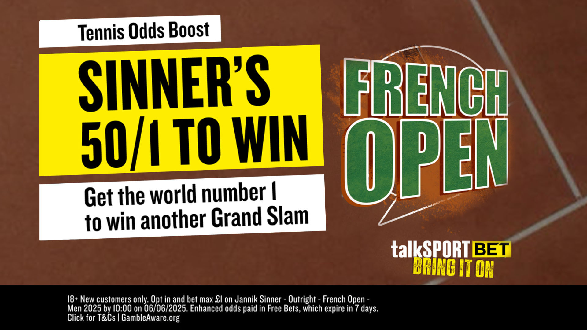 50/1 Sinner To Win French Open: TalkSPORT BET Offer